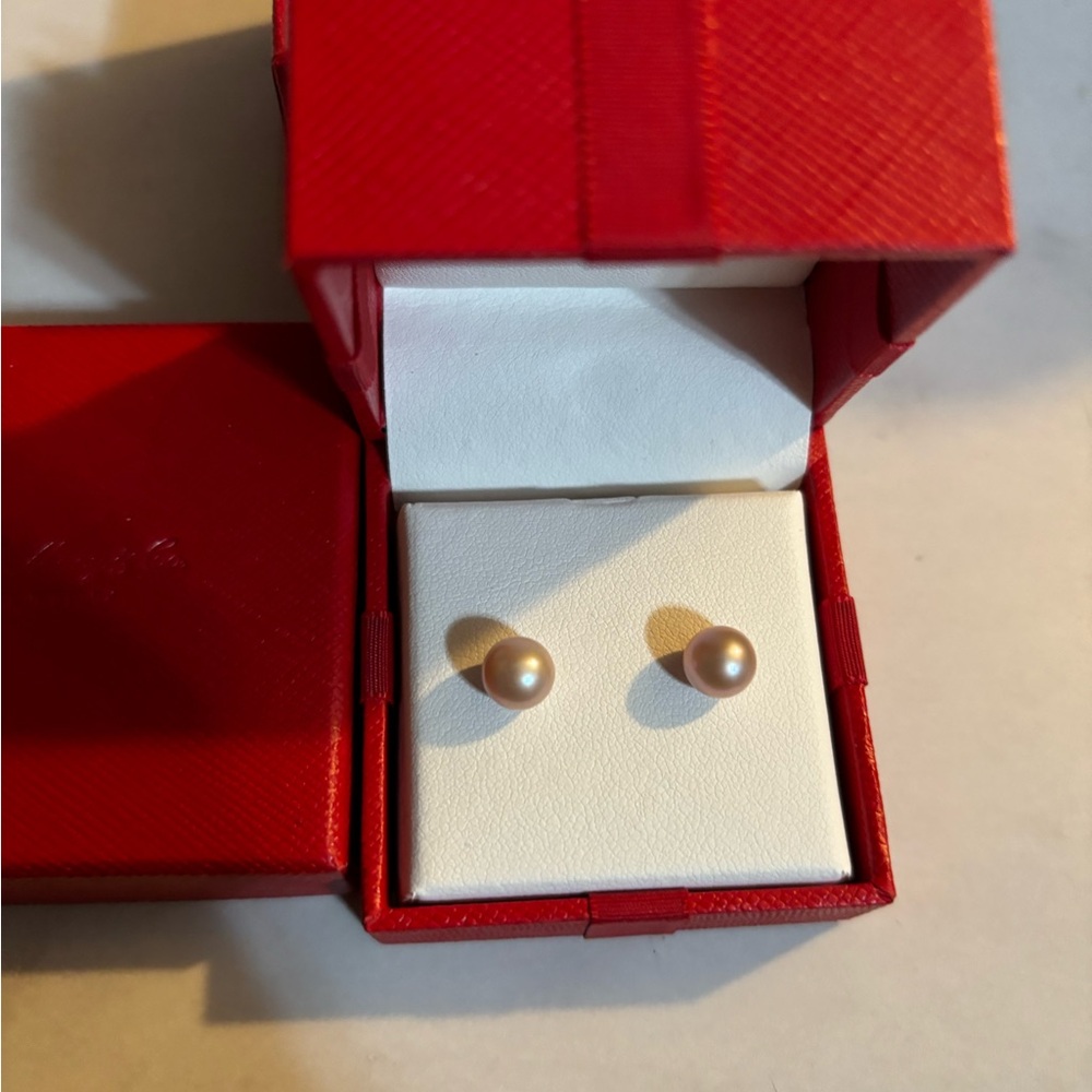 SOLD 7mm Natural Pink Pearl Studs in 14kt Yellow Gold $200